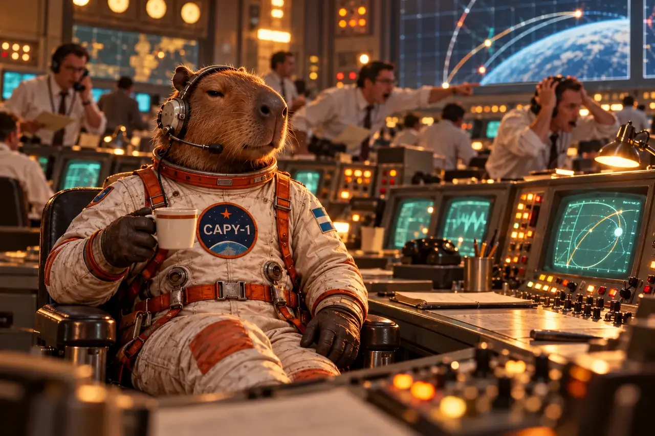 Capy in mission control with a headset and a cup of tea while engineers panic