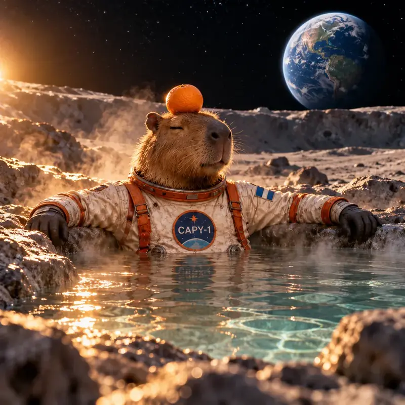 Capy relaxing in a steaming hot spring on the Moon with an orange on his head