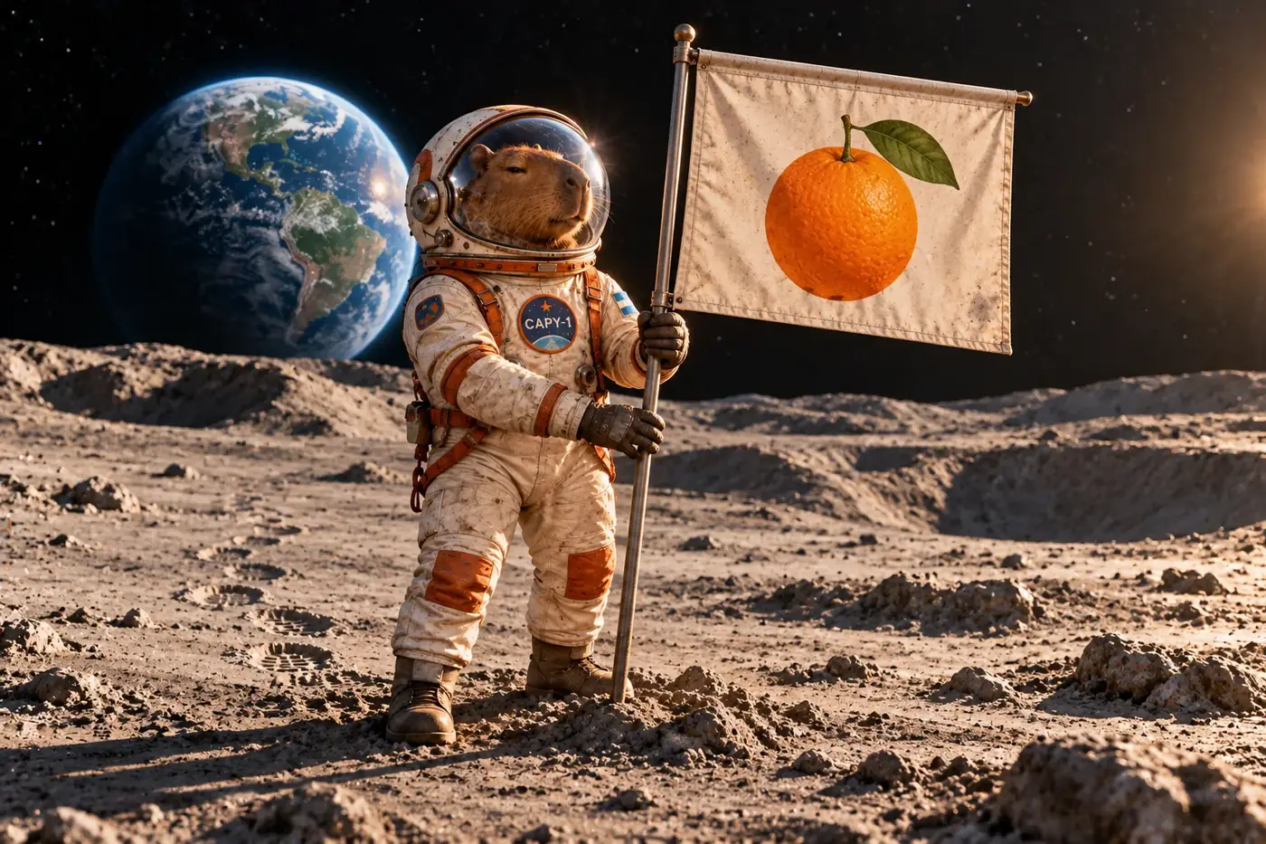 Capy planting a flag with an orange on it on the Moon, Earth in the sky