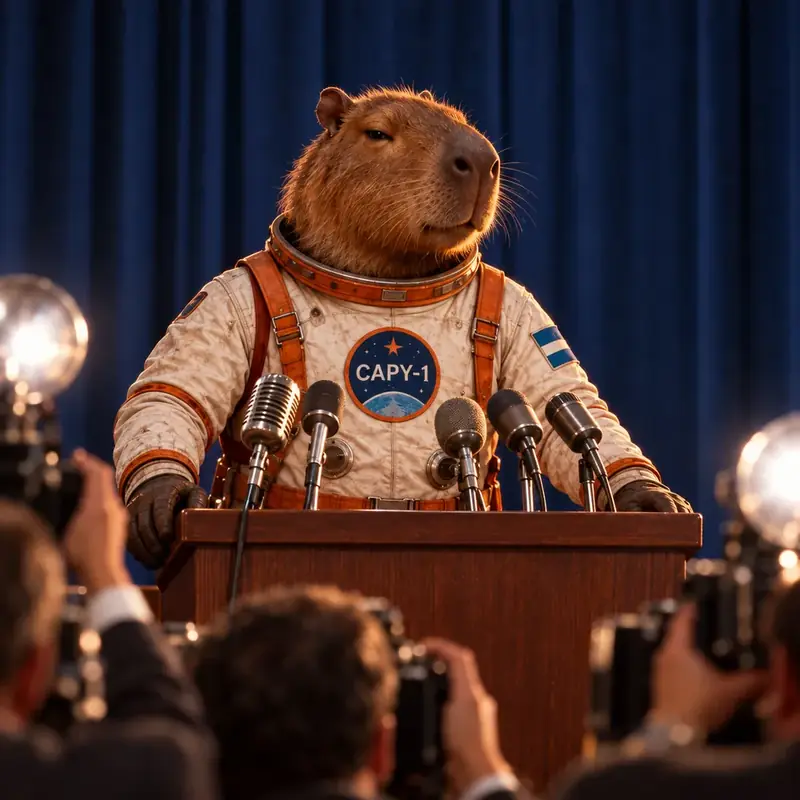 Capy at a press conference podium surrounded by microphones