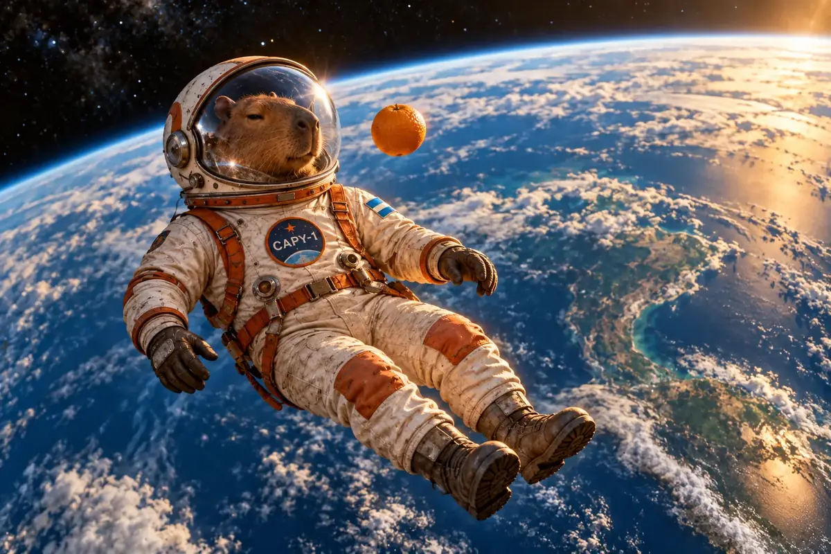 Capy floating in orbit above Earth next to a floating orange